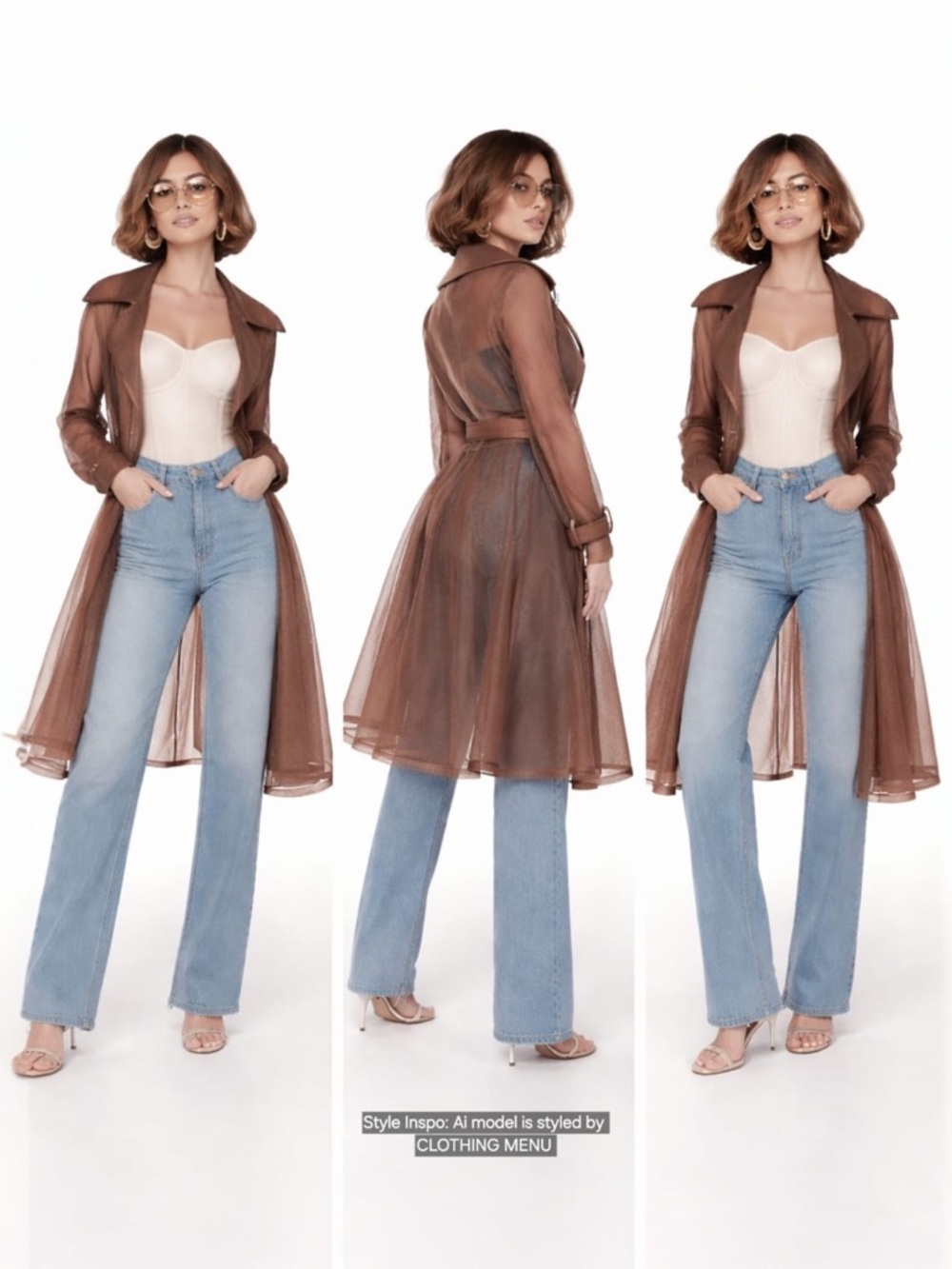 Brown Mesh Trench Coat – Belted Open Front Stretch | Women's Size: Medium - Picture 2 of 16